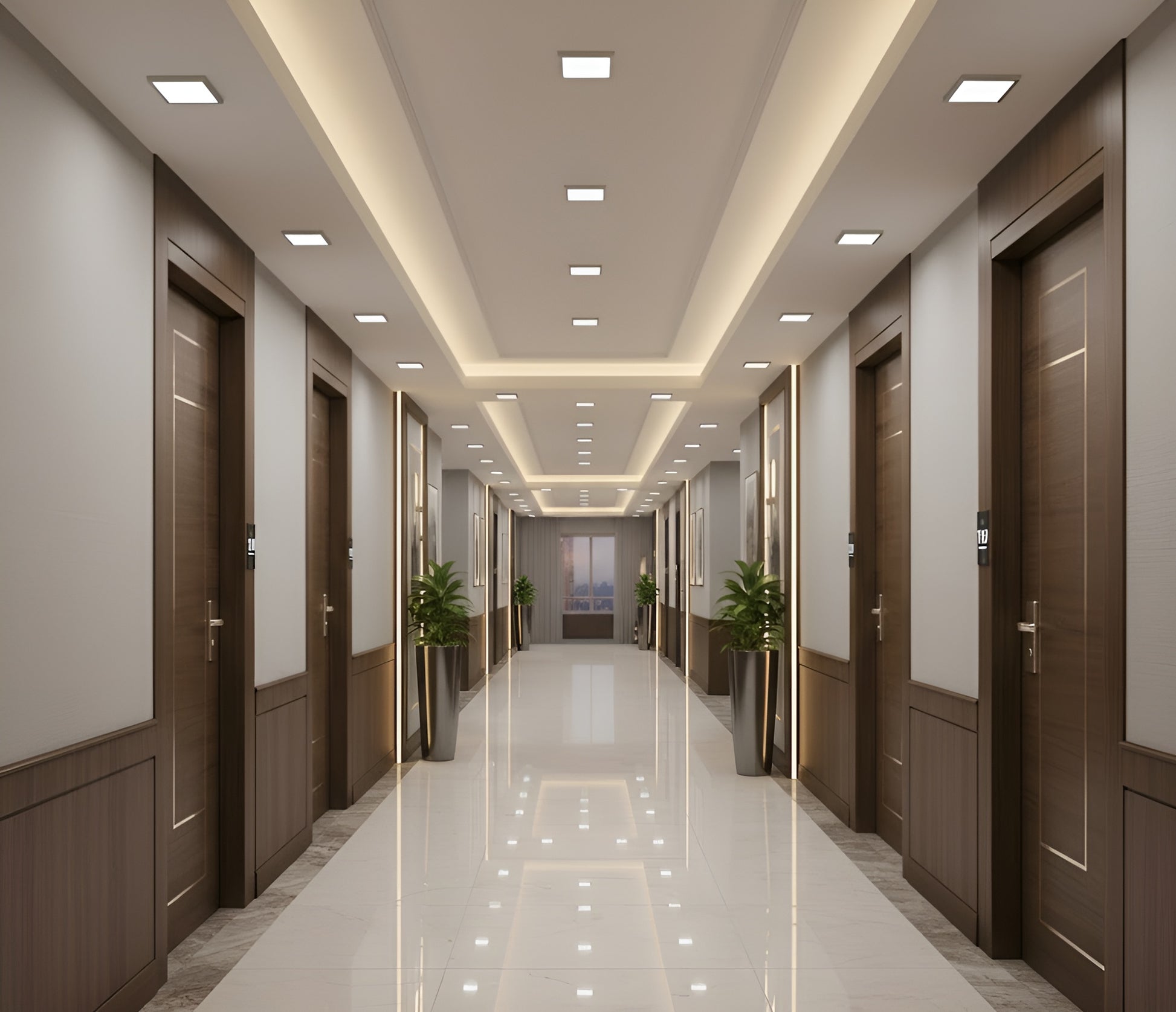 Square slim LED baffle recessed downlight 5CCT IC-rated canless ceiling light installed in modern hotel hall, elegant design and vibe , CRI 90+, Energy Star certified.