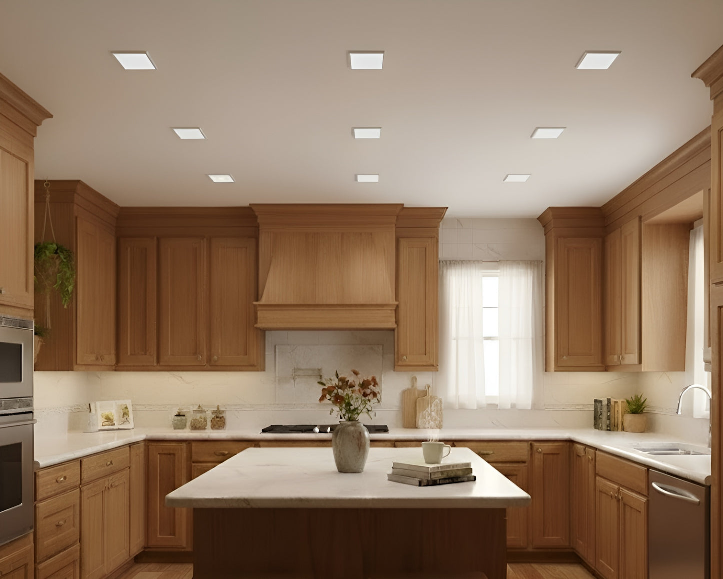 square shaped slim LED baffle recessed downlight 5CCT tunable white installed in kitchen ceiling, IC-rated canless design, bright CRI 90+ lighting