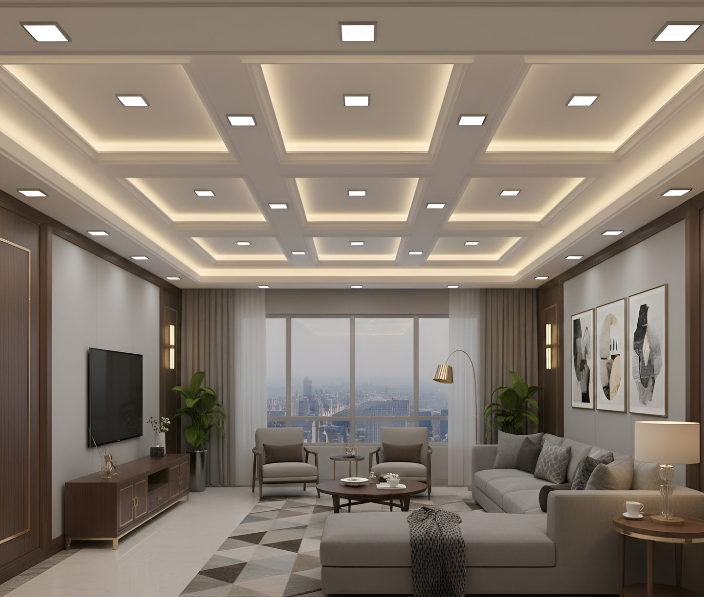 Square slim LED baffle recessed downlight 5CCT IC-rated canless ceiling light installed in modern living room, CRI 90+, Energy Star certified