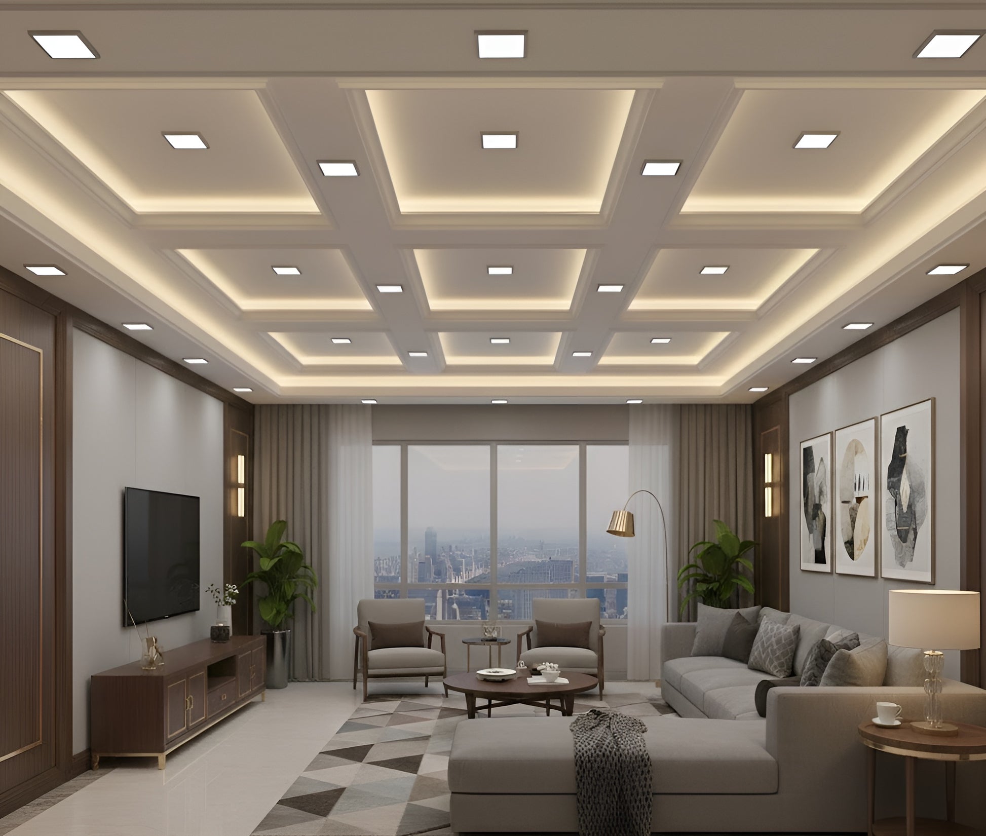 Square slim LED baffle recessed downlight 5CCT IC-rated canless ceiling light installed in modern living room, CRI 90+, Energy Star certified