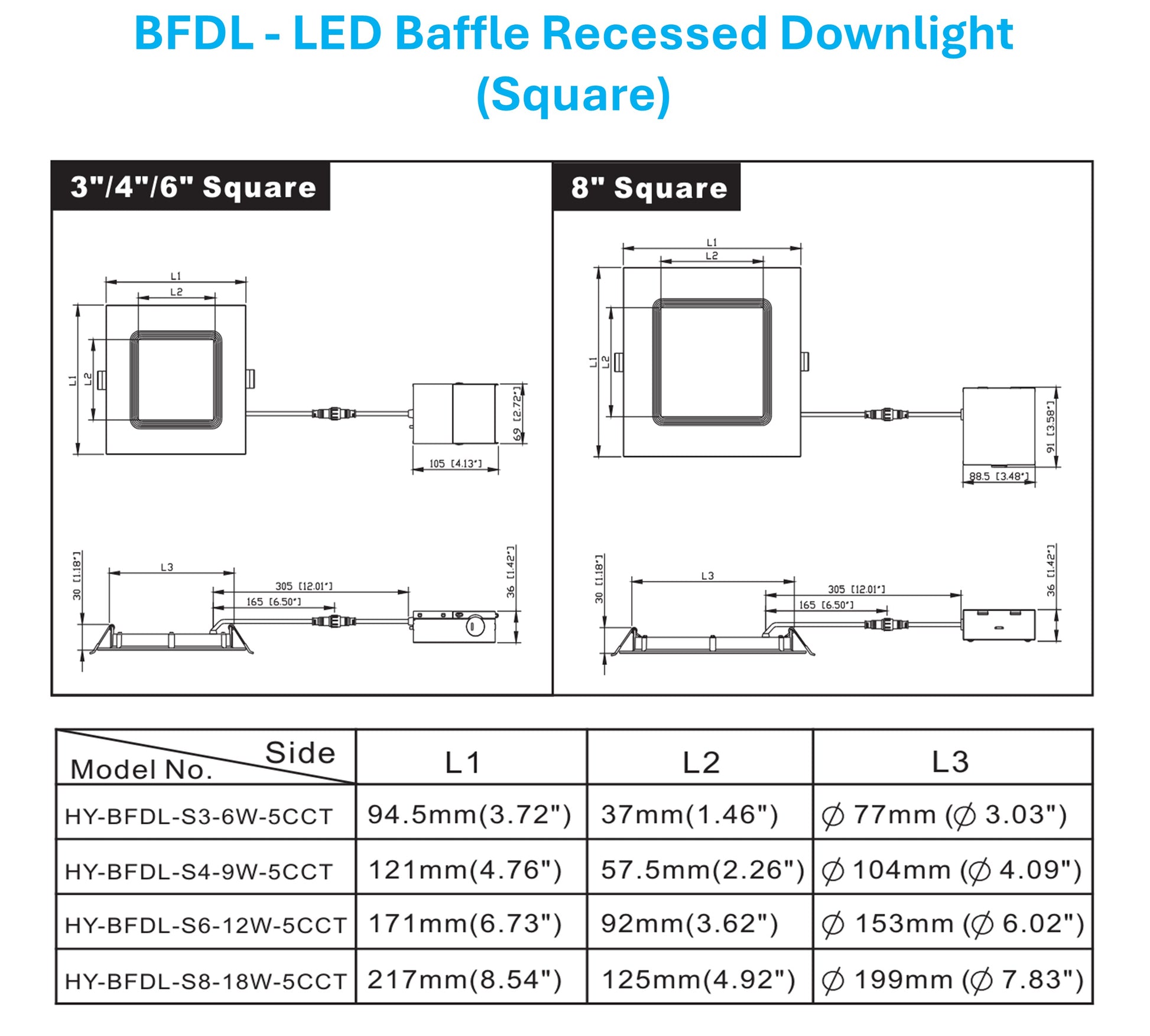 Round slim LED baffle recessed downlight dimensions and specifications, 5CCT tunable, IC-rated canless ceiling light measurements