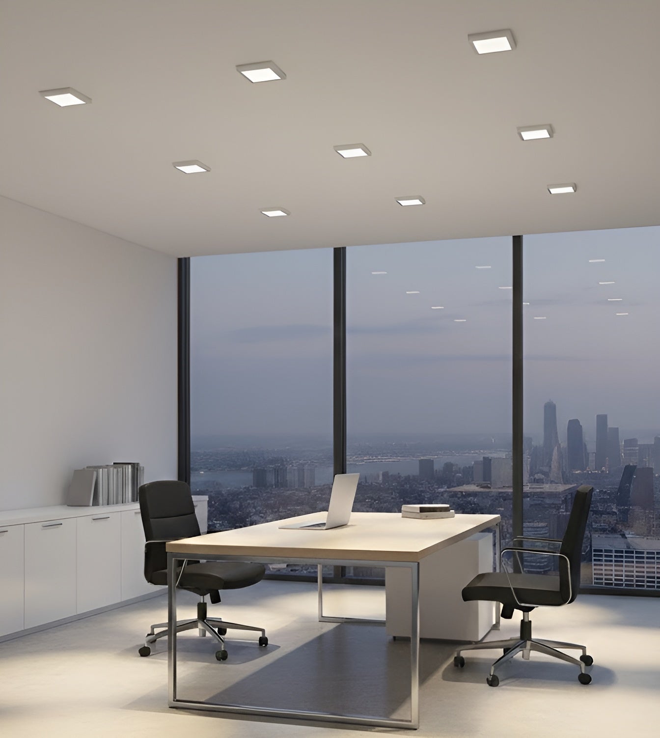 Square shaped 5CCT slim LED baffle downlight installed in office ceiling, IC-rated airtight canless recessed light with Energy Star certification